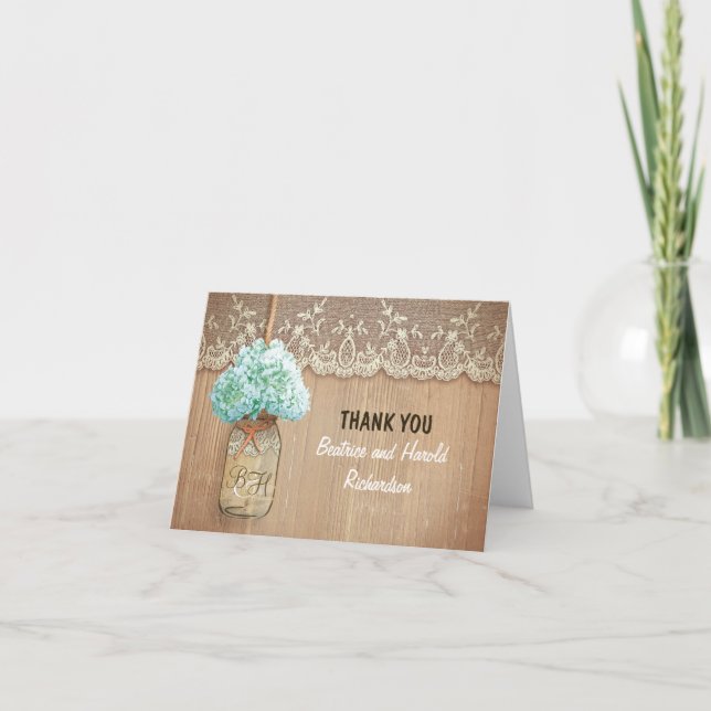 Elegant hydrangea mason jar wedding thank you card (Front)