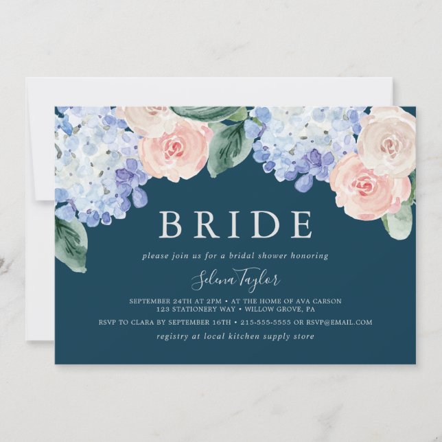 Elegant Hydrangea Navy Horizontal Bridal Shower Invitation (Front)