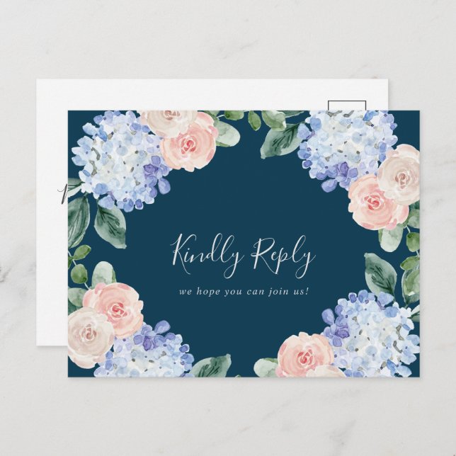 Elegant Hydrangea Navy Song Request RSVP Postcard (Front/Back)