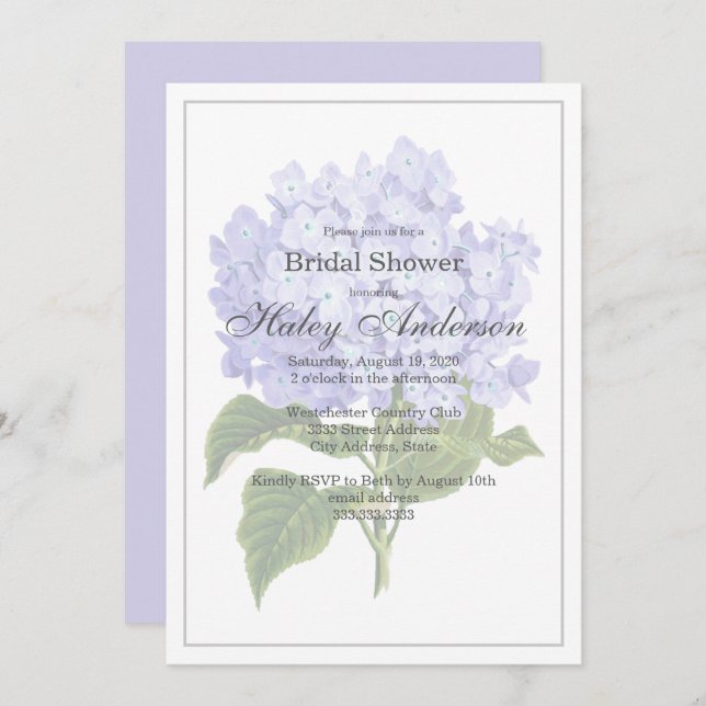 Elegant Hydrangea Wedding Bridal Shower Invitation (Front/Back)