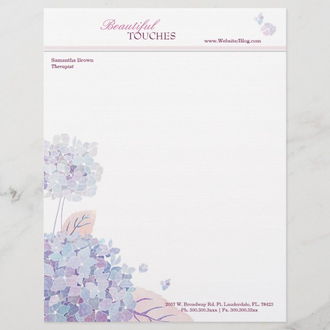 Elegant Hydrangeas Aesthetician Business Letterhead (Front)