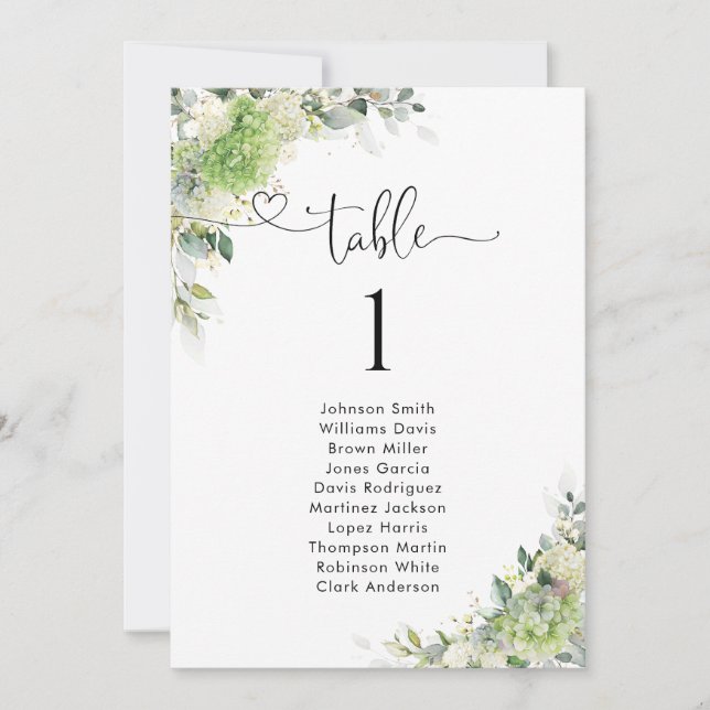 Elegant Hydrangeas Table Number Seating Chart (Front)
