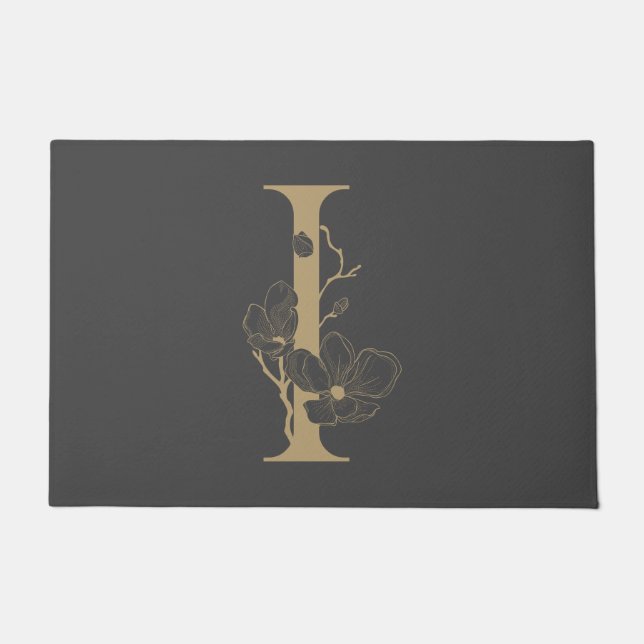 Elegant I Boho Floral Monogram Initial Grey Gold Doormat (Front)