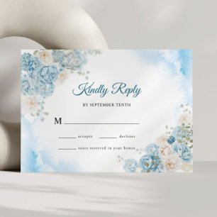 Elegant Ice Blue Ivory Rose Flowers Wedding RSVP Card