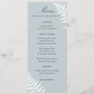 Elegant Icy Blue White Fern Garden Wedding Menu