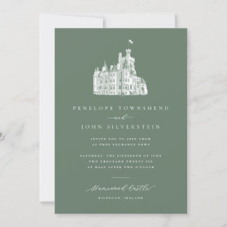 Elegant Illustration Sage Green Castle Wedding Invitation