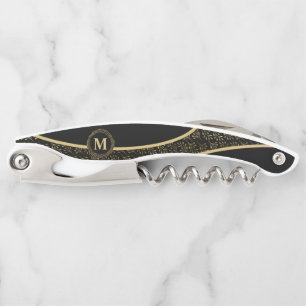 Elegant in Black & Gold Wreath Classic Monogram Corkscrew