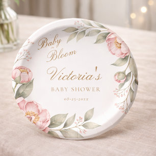 Elegant In Bloom Pink Girl Baby Shower Party Paper Plate