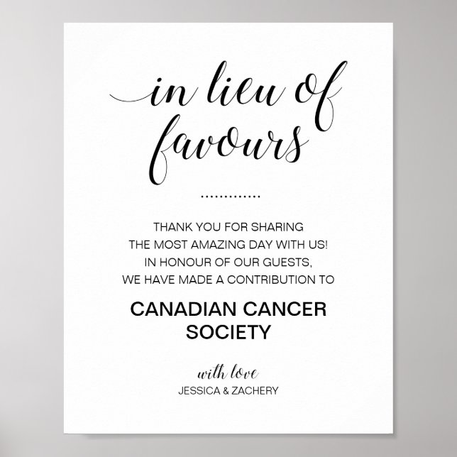 Elegant In Lieu Of Favours Donation Wedding Sign (Front)