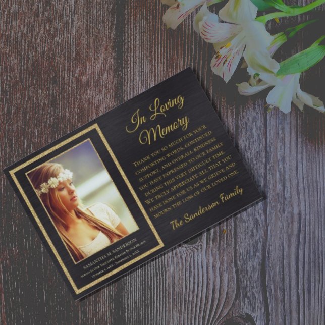 Elegant In Loving Memory Funeral Black Photo Thank You Card (Creator Uploaded)