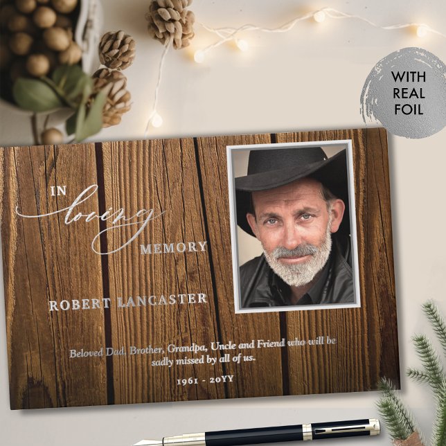 Elegant In Loving Memory Rustic Wood Photo Funeral Guest Book (Creator Uploaded)