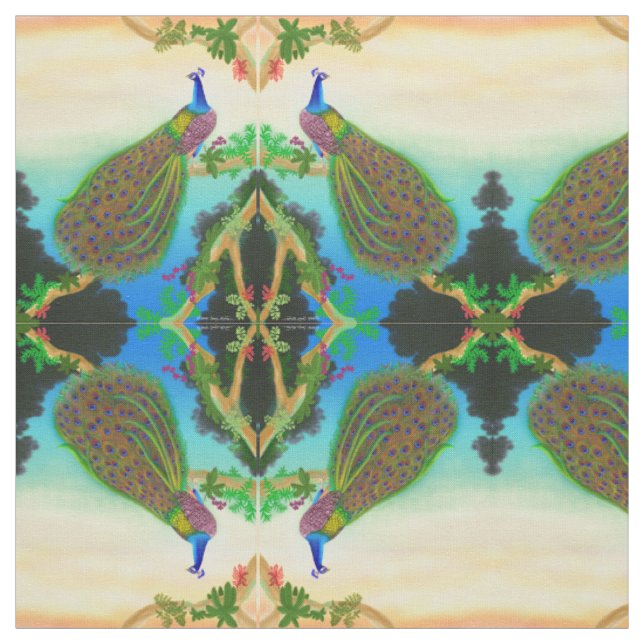 Elegant Indian Blue Peacock in Jungle Fabric (Swatch)