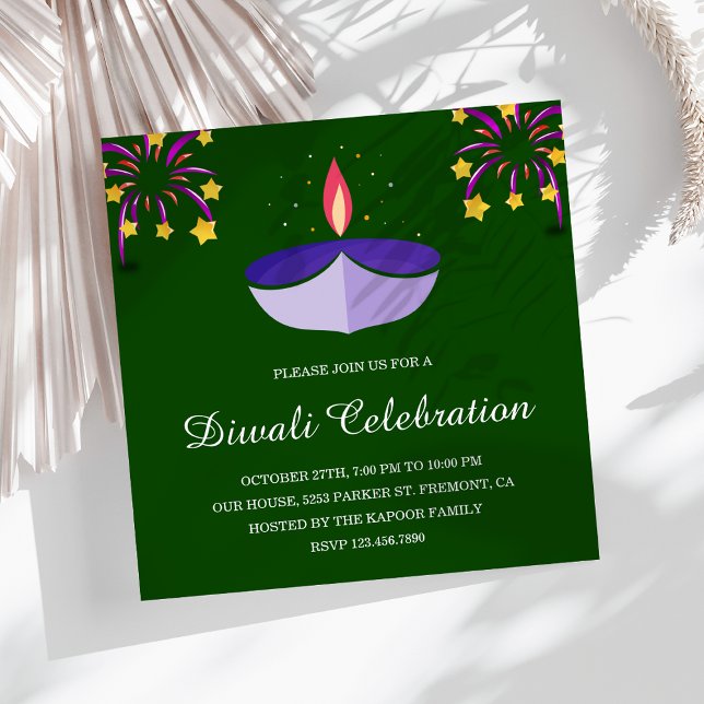 Elegant Indian Diya Lamp Green Diwali Party Invitation (Creator Uploaded)