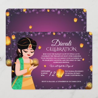Elegant Indian Girl Floating Lantern Purple Diwali Invitation