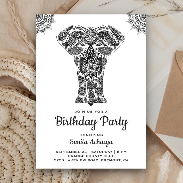 Elegant Indian Henna Elephant Birthday Party Invitation (Creator Uploaded)