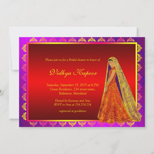 Elegant Indian Wedding Damask Bridal Shower Invite (Front)