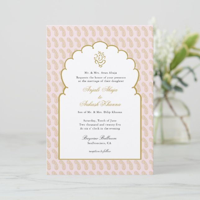 Elegant Indian wedding with Ganesh pink Invitation (Standing Front)