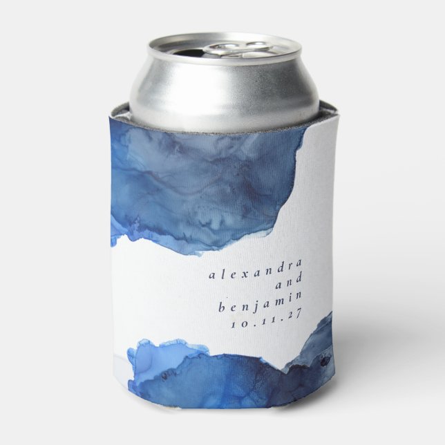 Elegant Indigo Abstract Watercolor Wedding Custom Can Cooler (Can Front)