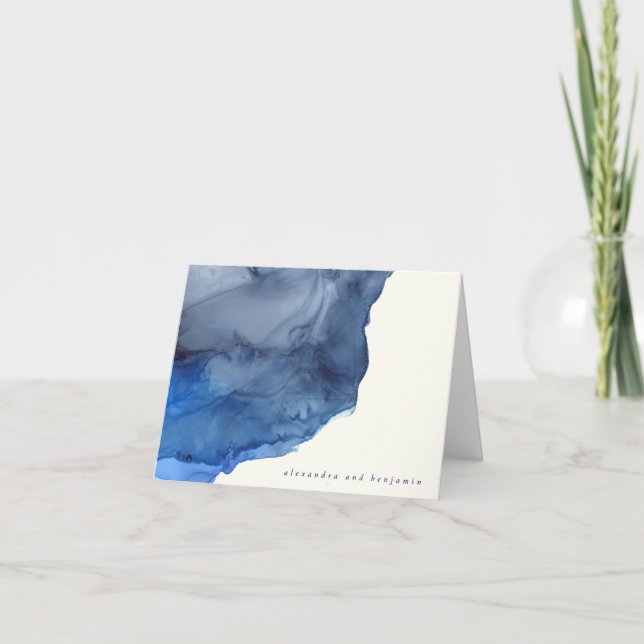 Elegant Indigo Abstract Watercolor Wedding Name Thank You Card (Front)