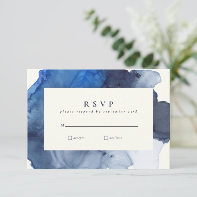 Elegant Indigo Abstract Watercolor Wedding  RSVP Card (Standing Front)