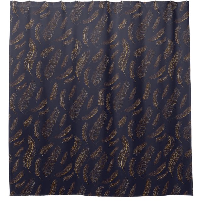 Elegant Indigo and Gold Feather Shower Curtain (Front)