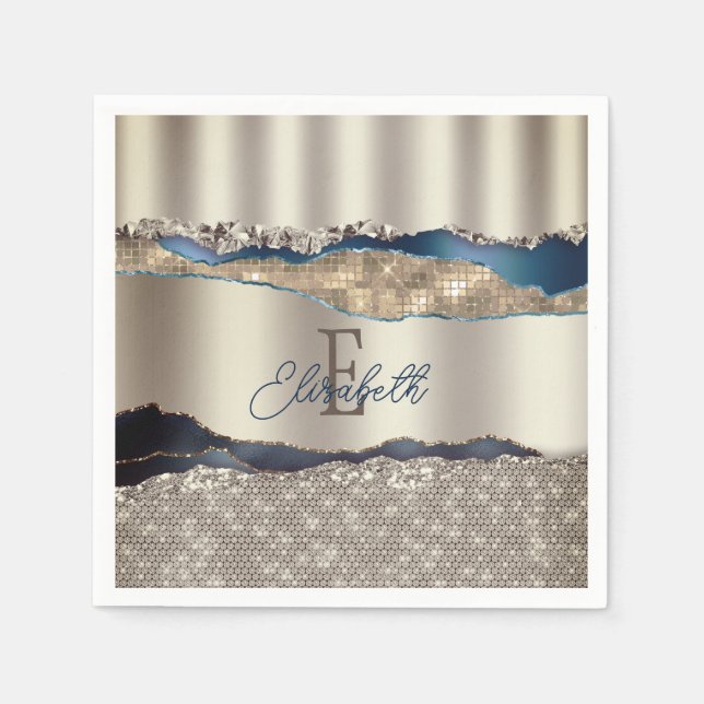 Elegant Indigo Blue Agate Sequins  Napkin (Front)