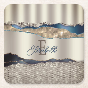 Elegant Indigo Blue Agate Sequins  Square Paper Coaster