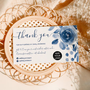 Elegant indigo blue floral leaf order thank you business card