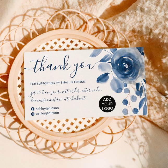 Elegant indigo blue floral leaf order thank you business card (Creator Uploaded)