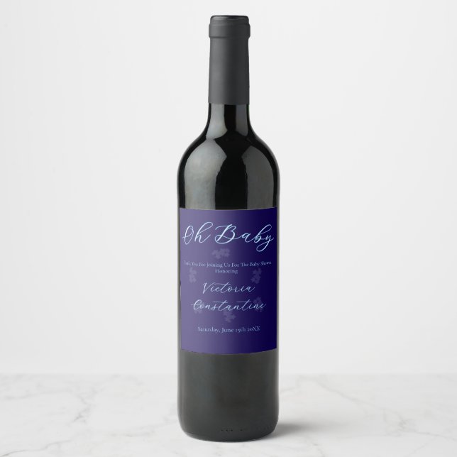 Elegant Indigo Blue Oh Baby Script Floral  Wine Label (Front)