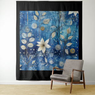 Elegant Indigo Blue Winter Botanical Tapestry
