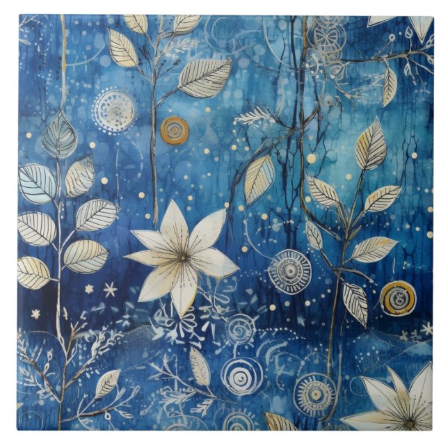 Elegant Indigo Blue Winter Botanical Tile (Front)