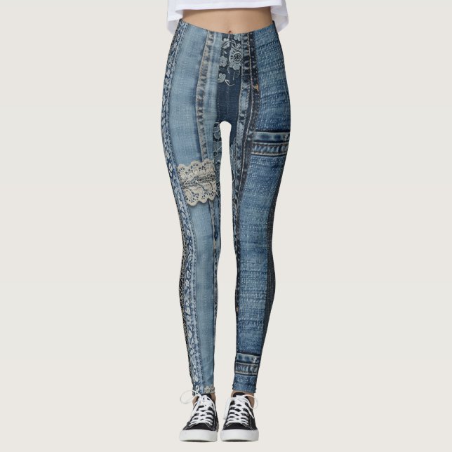 Elegant Indigo Lace Stripe Denim Pattern (2) Leggings (Front)