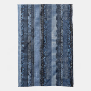 Elegant Indigo Lace Stripe Denim Pattern Tea Towel