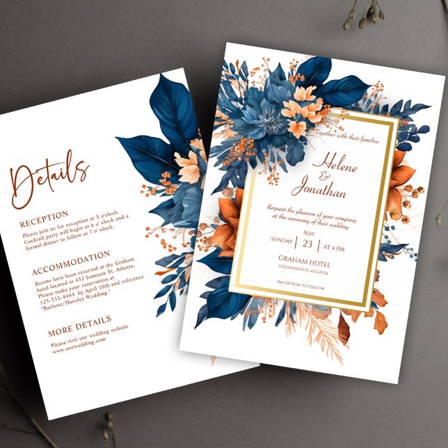 Elegant Indigo Rust All In One Wedding Invitation (Elegant Indigo Rust All In One Wedding Invitation)