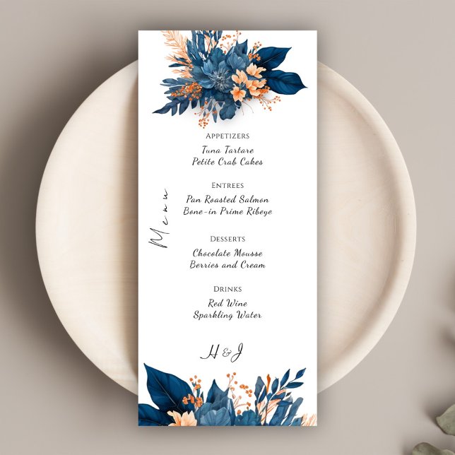 Elegant Indigo Rust Floral Boho Wedding Menu (Elegant Indigo Rust Floral Boho Wedding Menu)