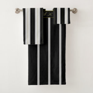Elegant Initial Black and White Gold Trimmed Bath Towel Set