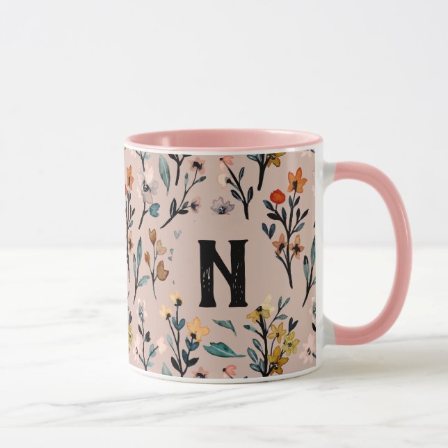 Elegant initial Feminine Floral pattern Pink girly Mug (Right)