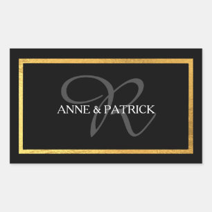 elegant initial monogram + names, wedding black  rectangular sticker