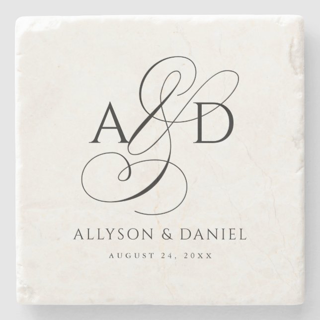 Elegant Initial Script Monogram Classic Newlywed Stone Coaster (Front)