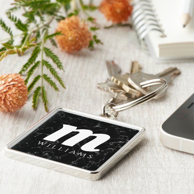 Elegant Initial Surname Black Marble Key Ring (Side)