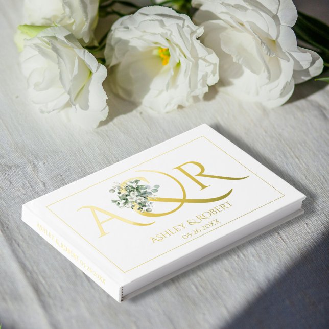 Elegant initials and eucalyptus wedding foil guest book (Creator Uploaded)