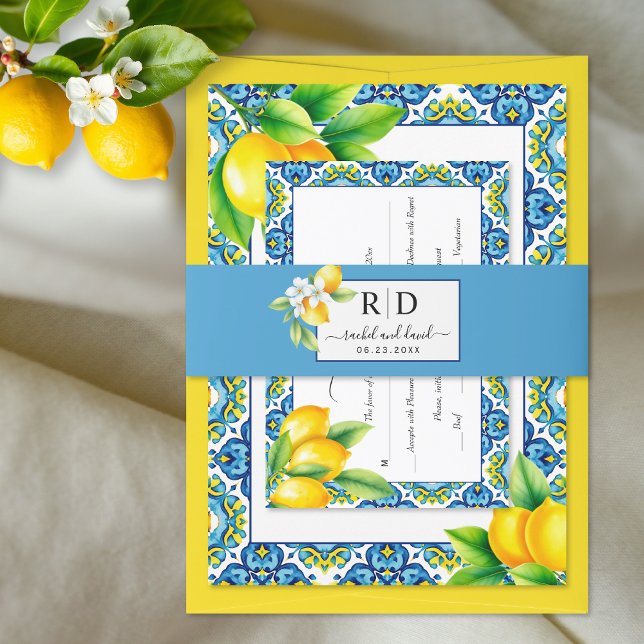 Elegant initials and lemon branch blue wedding     invitation belly band (Creator Uploaded)