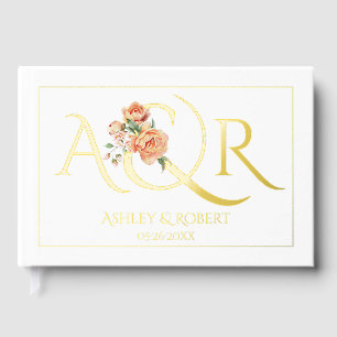 Elegant initials and peach roses wedding foil guest book