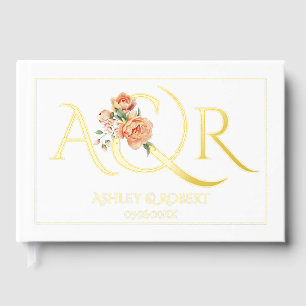 Elegant initials and peach roses wedding photo guest book