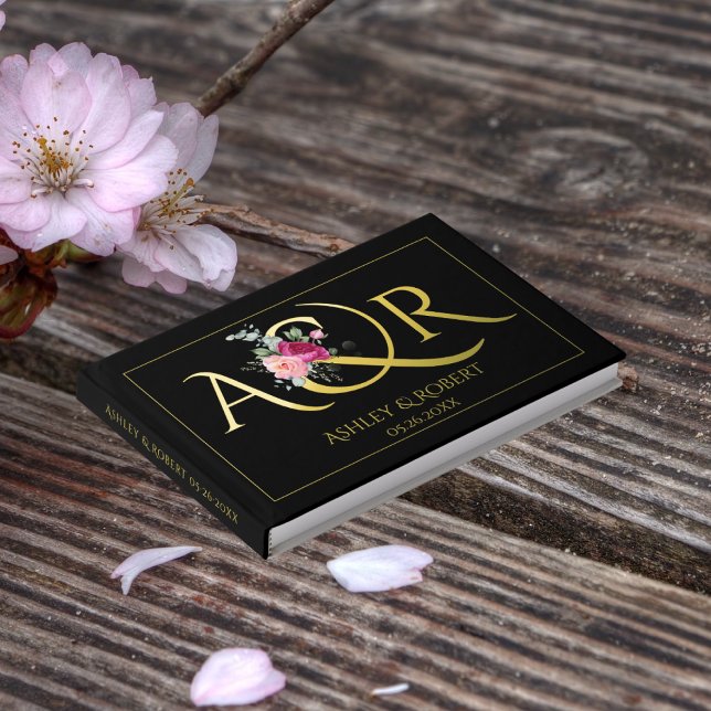 Elegant initials and pink roses wedding foil black guest book (Creator Uploaded)