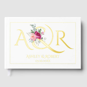 Elegant initials and pink roses wedding foil guest book