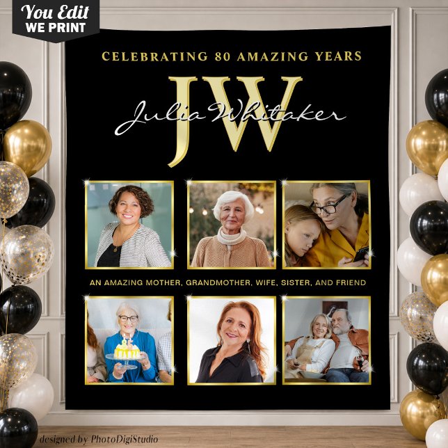 Elegant Initials Birthday Banner, Custom Photo Tapestry (Custom Birthday Backdrop, Birthday Party Decor Gold, Personalized Initials and Photo Tapestry)