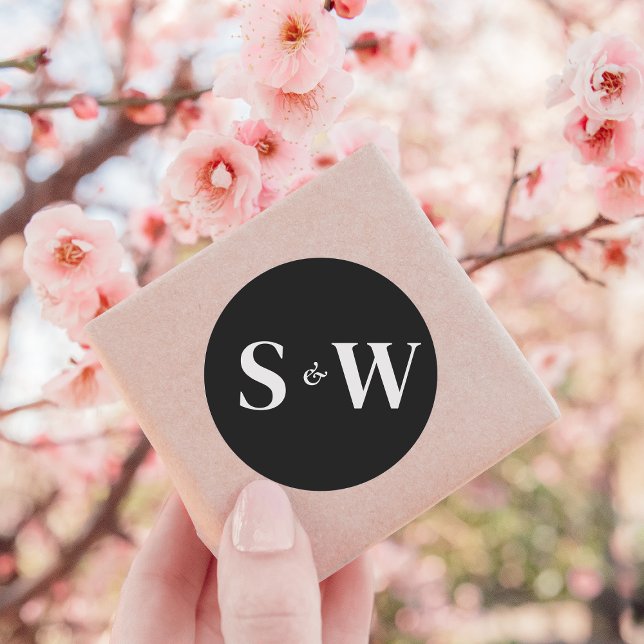 Elegant Initials Black and White Wedding Classic Round Sticker (Creator Uploaded)