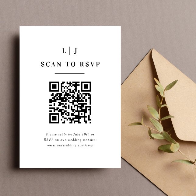 Elegant Initials Black and White Wedding QR Code RSVP Card (Creator Uploaded)